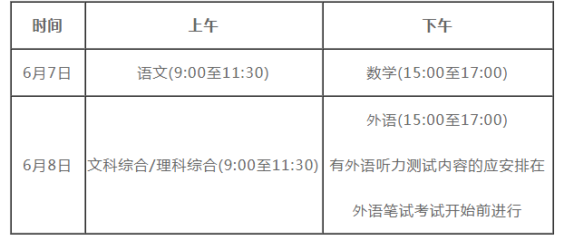 安徽高考时间及科目安排