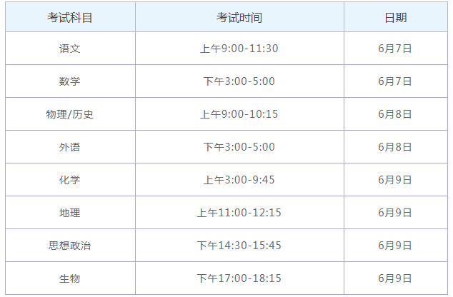 2022湖南高考时间及考试安排
