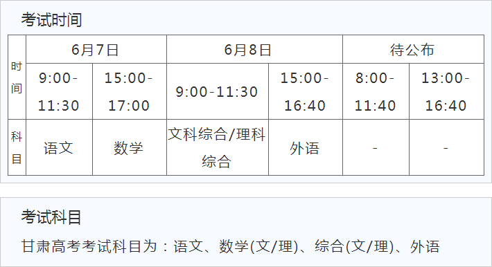 2022甘肃高考时间及考试安排