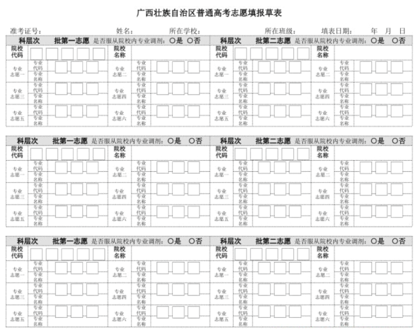 2023广西高考志愿填报样本模板 志愿表怎么填