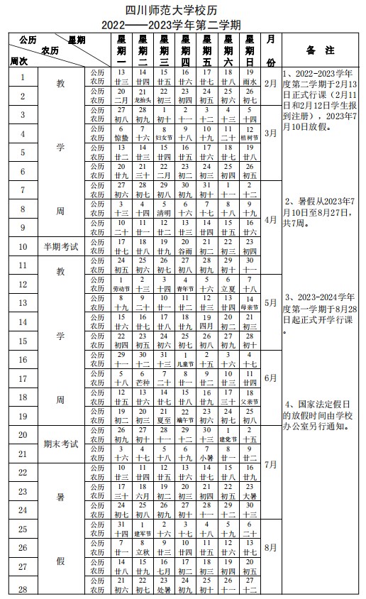 2023四川师范大学暑假放假时间什么时候 几月几号开学