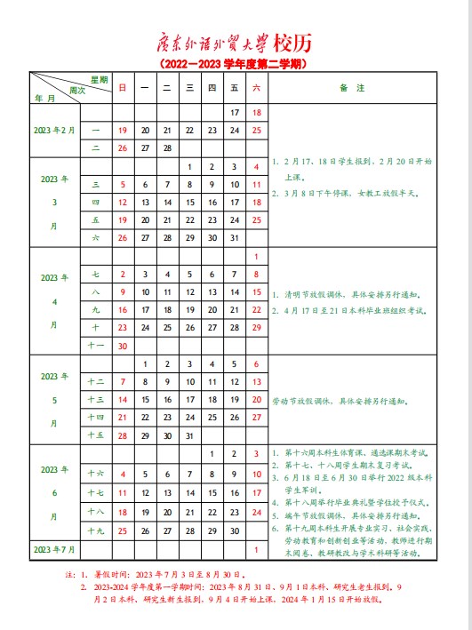 2023广东外语外贸大学暑假放假时间什么时候 几月几号开学